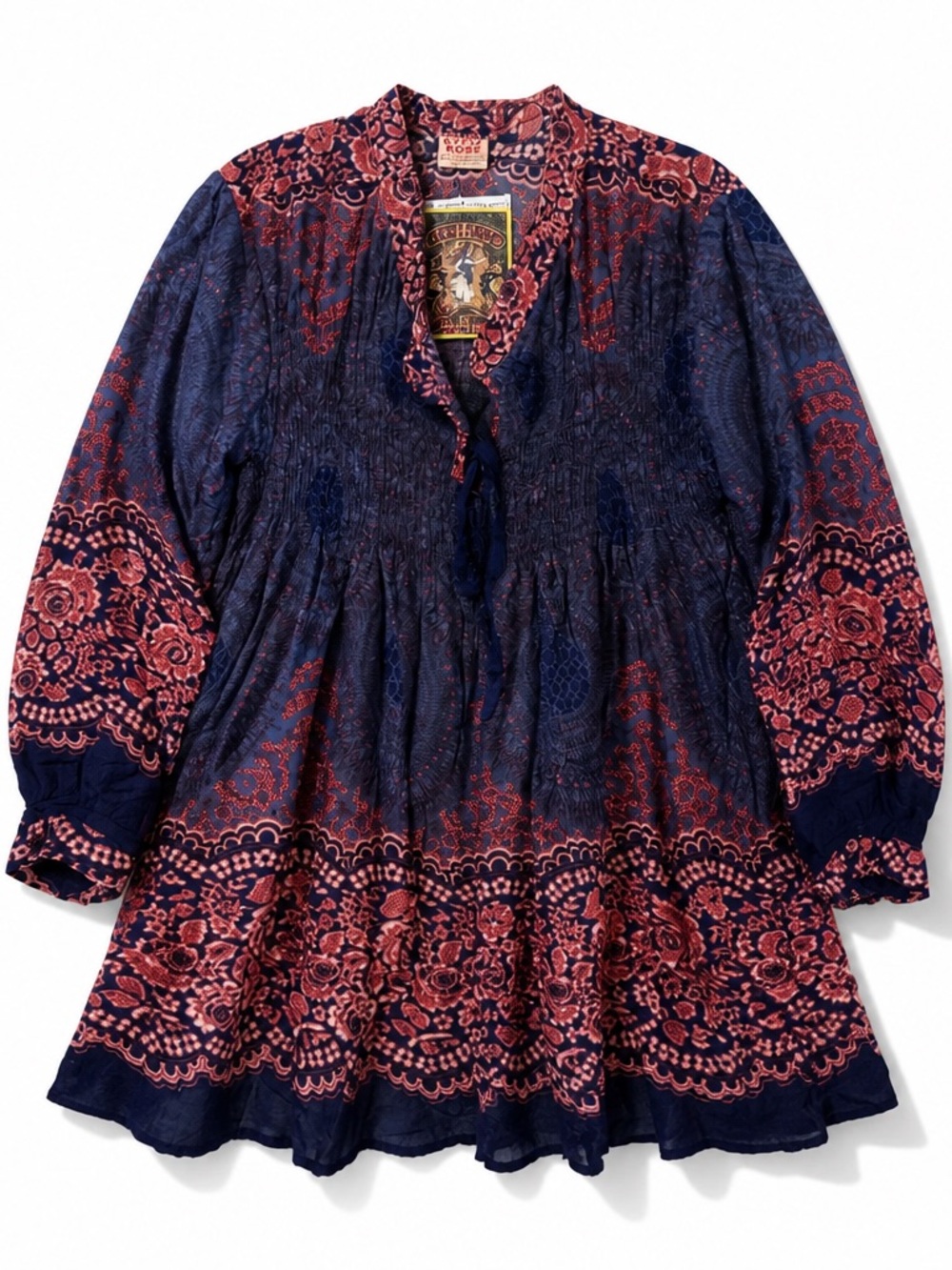 NWT! Gypsy Rose Boho Floral Long-Sleeve Tunic Dress in Navy and Coral Beautiful!